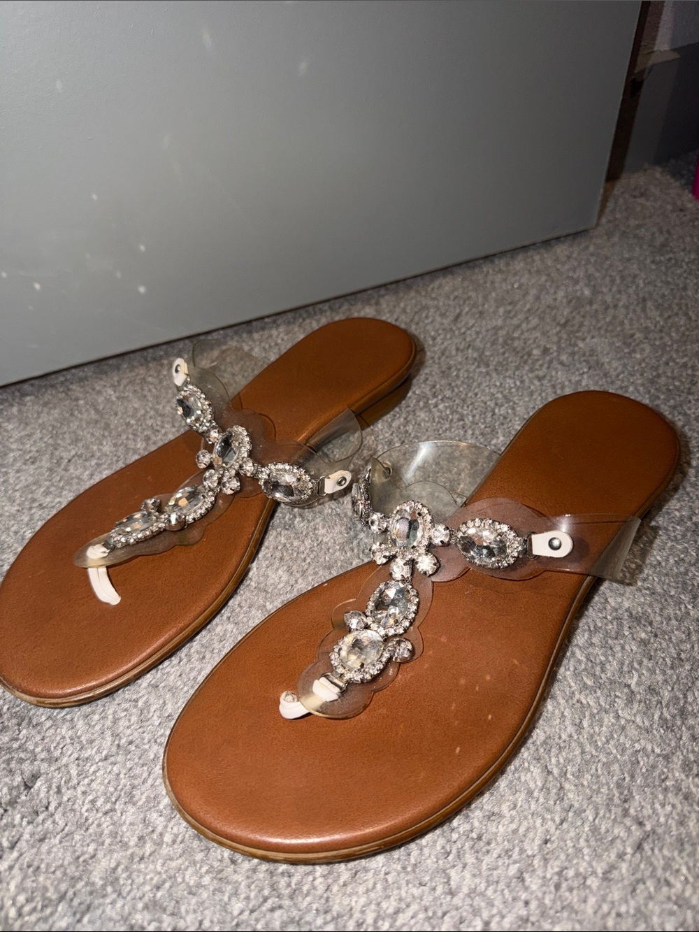 Women's Brown Jeweled T-Strap Sandals